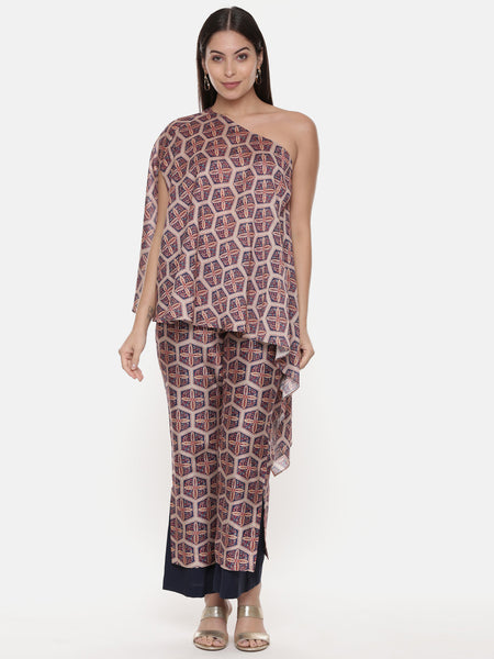 Red Blue Silk Chanderi Print Co-Ord Set - ASCRSET010