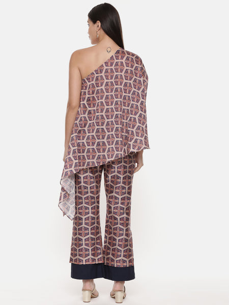 Red Blue Silk Chanderi Print Co-Ord Set - ASCRSET010