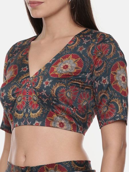 Teal Red Silk Chanderi Print Co-Ord Set - ASCRSET012