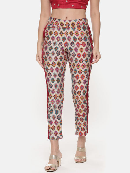Silk Chanderi Red Top with Printed Pants - ASCRSET013