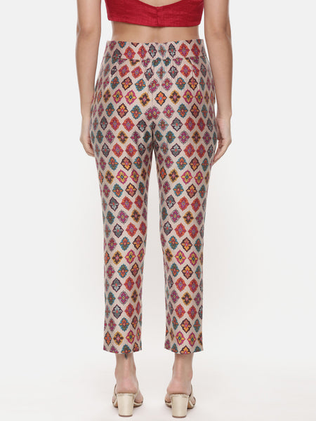 Silk Chanderi Red Top with Printed Pants - ASCRSET013