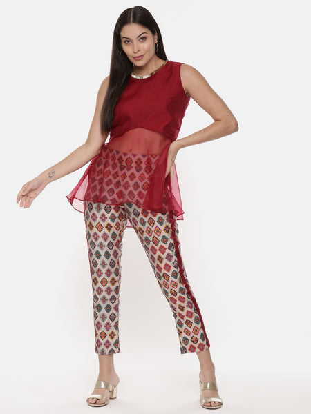 Silk Chanderi Red Top with Printed Pants - ASCRSET013