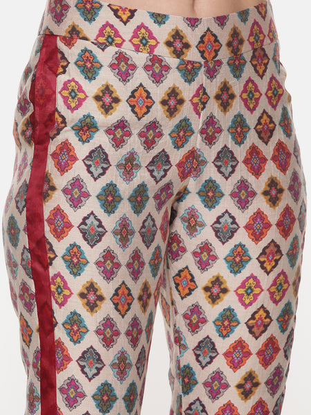Silk Chanderi Red Top with Printed Pants - ASCRSET013