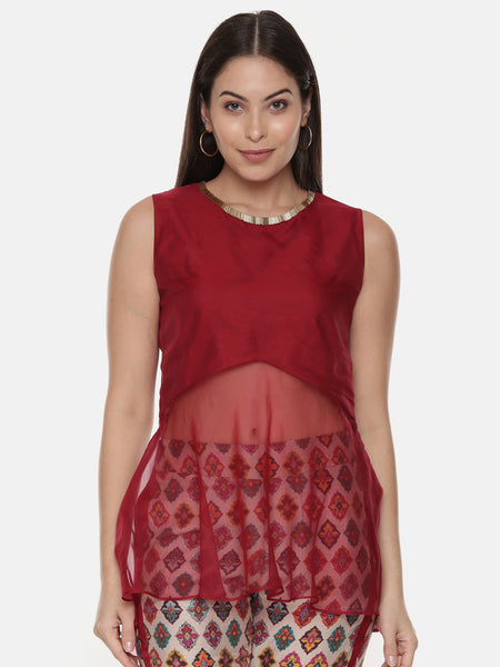 Silk Chanderi Red Top with Printed Pants - ASCRSET013