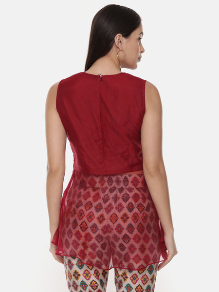 Silk Chanderi Red Top with Printed Pants - ASCRSET013