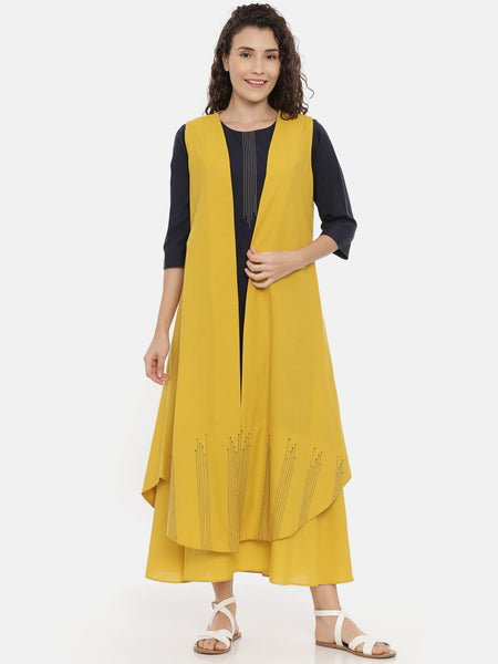 Mustard Cotton Embroidered Open Jacket  - ASJ052