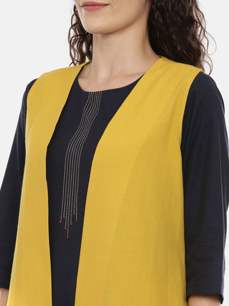 Mustard Cotton Embroidered Open Jacket  - ASJ052