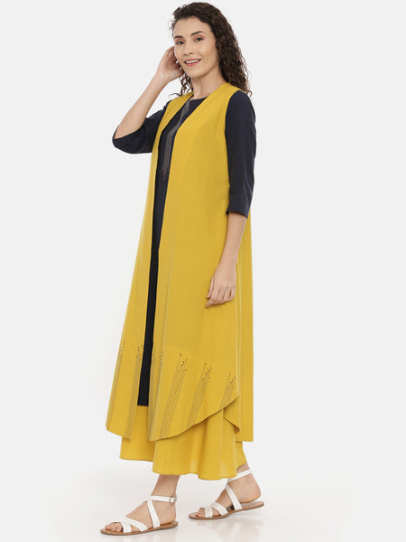 Mustard Cotton Embroidered Open Jacket  - ASJ052