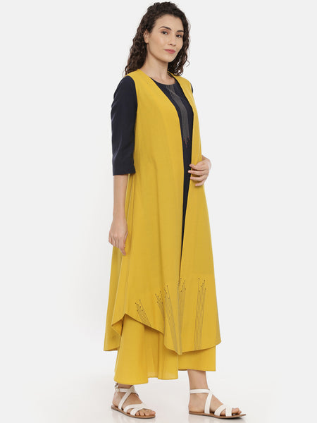 Mustard Cotton Embroidered Open Jacket  - ASJ052