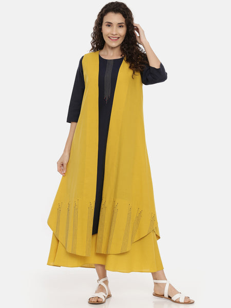 Mustard Cotton Embroidered Open Jacket  - ASJ052