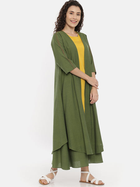 Green Cotton Embroidered Open Jacket   - ASJ053