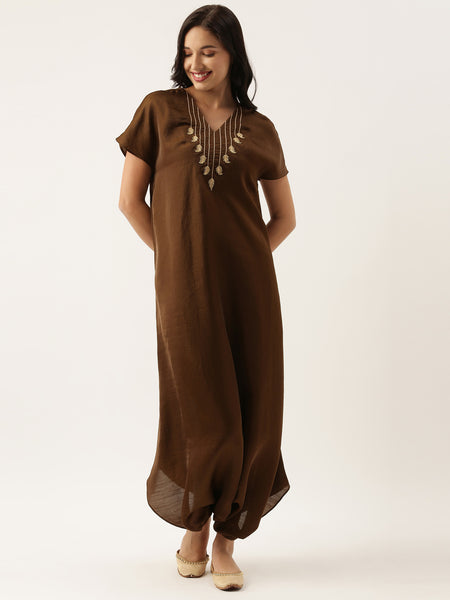 Brown Silk Emb Jumpsuit - ASJS006