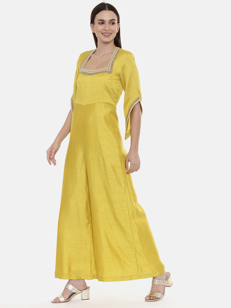 Yellow Silk Embroidered Jump Suit - ASJS008