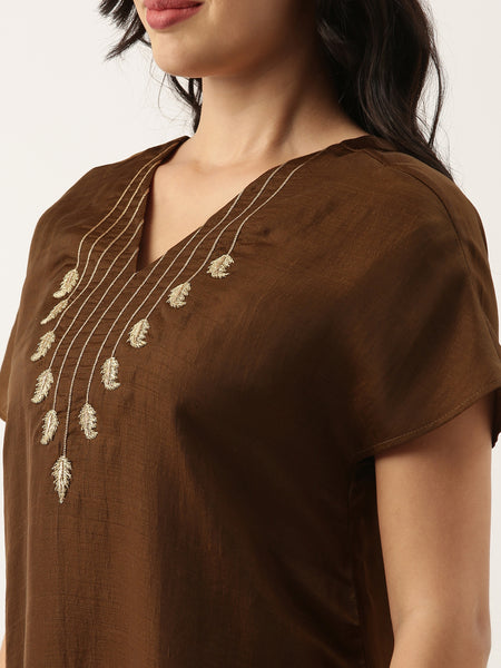 Brown Silk Emb Jumpsuit - ASJS006