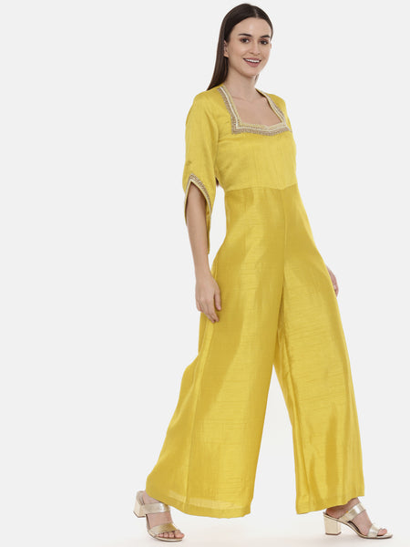 Yellow Silk Embroidered Jump Suit - ASJS008
