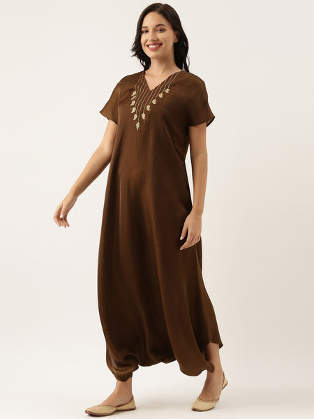 Brown Silk Emb Jumpsuit - ASJS006