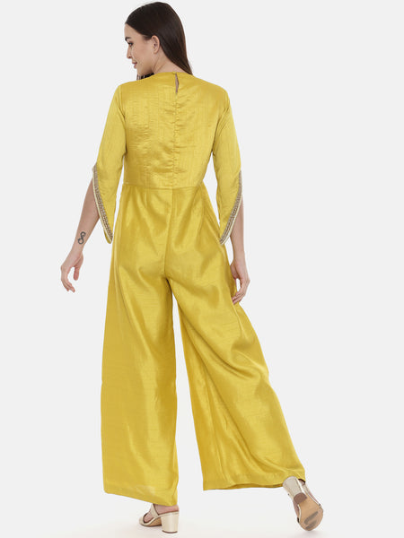 Yellow Silk Embroidered Jump Suit - ASJS008