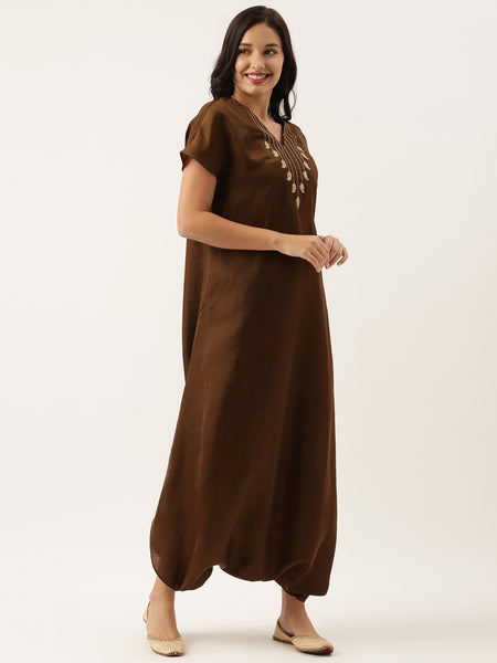 Brown Silk Emb Jumpsuit - ASJS006