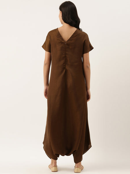 Brown Silk Emb Jumpsuit - ASJS006