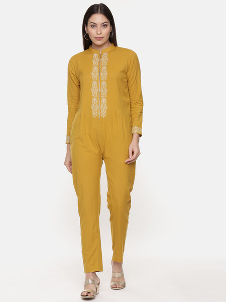 Mustard Cotton Embroidred Jumpsuit - ASJS009
