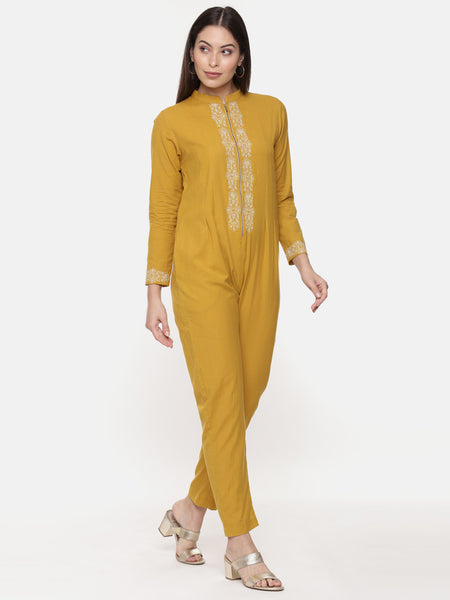 Mustard Cotton Embroidred Jumpsuit - ASJS009