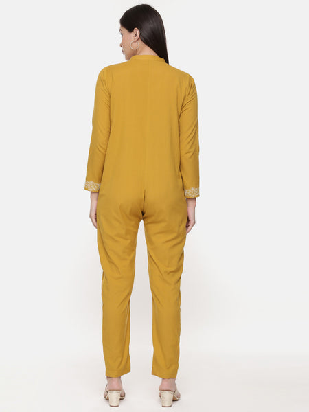 Mustard Cotton Embroidred Jumpsuit - ASJS009
