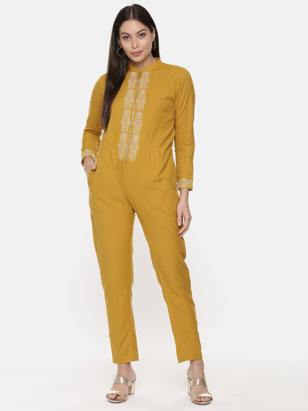 Mustard Cotton Embroidred Jumpsuit - ASJS009