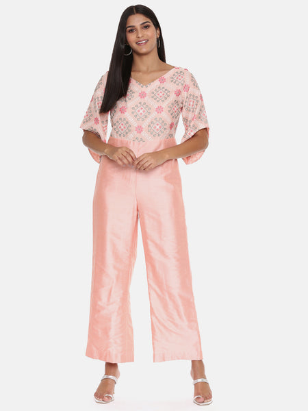 Pink Silk Chanderi Jumpsuit - ASJS012