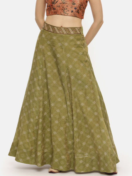 Tissue Chanderi Green Printed Lehenga - ASL011