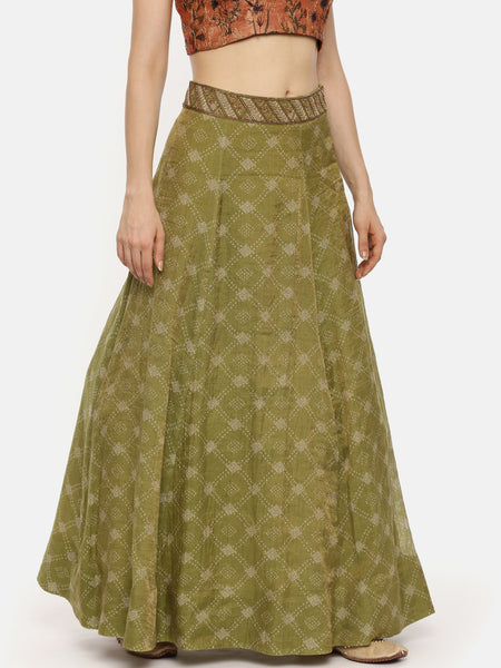 Tissue Chanderi Green Printed Lehenga - ASL011