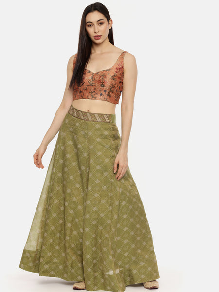 Tissue Chanderi Green Printed Lehenga - ASL011