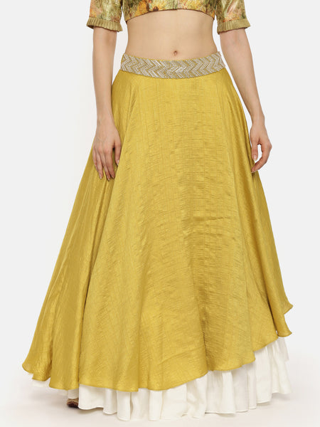 Yellow Ivory Layered Silk Lehenga - ASL013