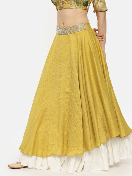 Yellow Ivory Layered Silk Lehenga - ASL013