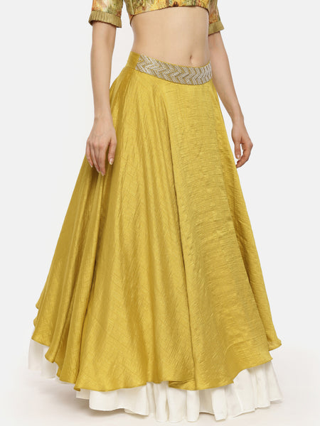Yellow Ivory Layered Silk Lehenga - ASL013