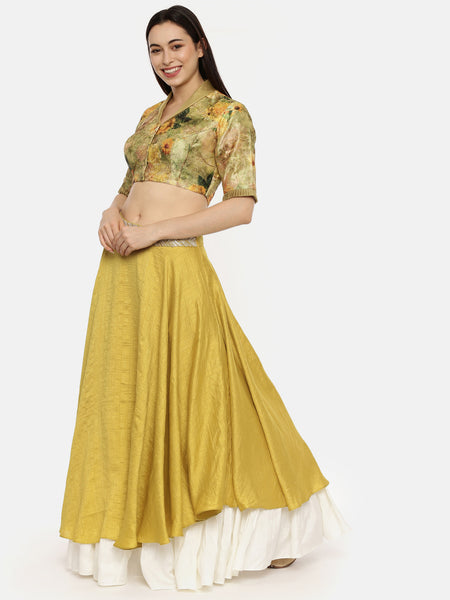 Yellow Ivory Layered Silk Lehenga - ASL013