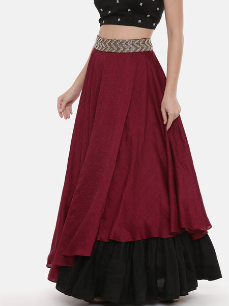 Maroon Black Silk Flaired Lehenga - ASL018
