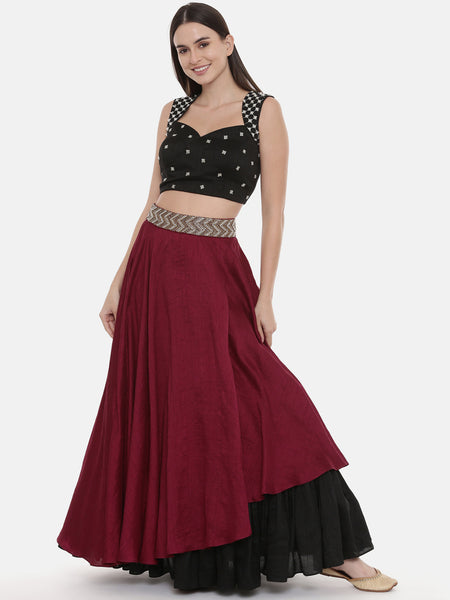 Maroon Black Silk Flaired Lehenga - ASL018
