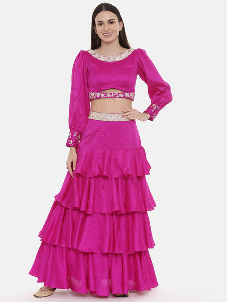 Pink Pleated Silk Lehenga - ASL021