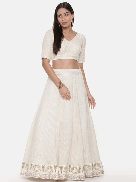 Ivory Silk Georgette Embroidered Lehenga - ASL022
