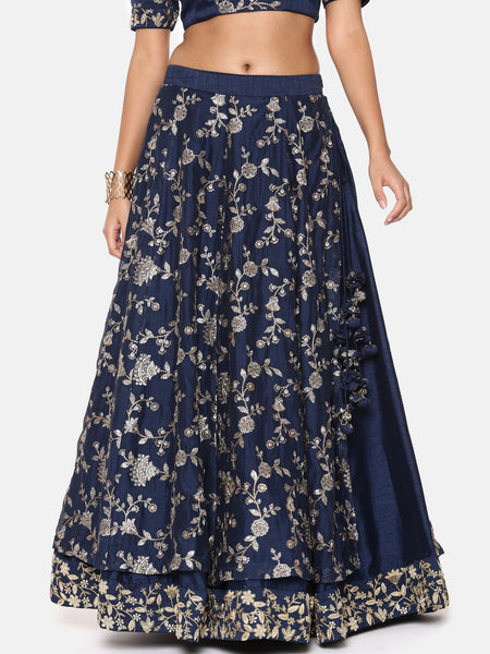 Designer lehenga for girls - Blue chanderi with layered skirt