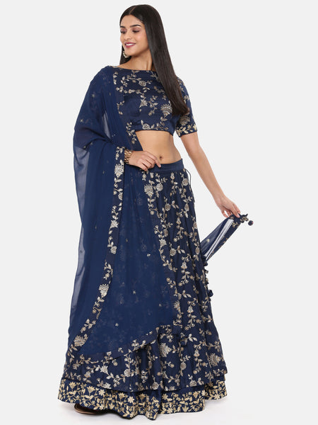 Blue Chanderi Emb Lehenga - ASL023