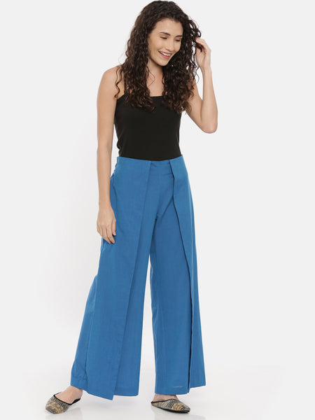 Blue Cotton Side Flap Palazzo Pant - ASPL003