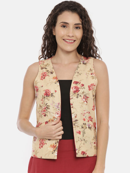 Beige Red Cotton Linen Reversible Jacket -ASRJ002