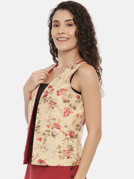 Beige Red Cotton Linen Reversible Jacket -ASRJ002