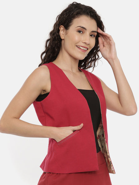 Beige Red Cotton Linen Reversible Jacket -ASRJ002