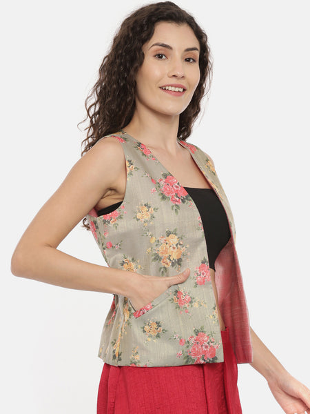 Pink Green Chanderi Reversible jacket - ASRJ003