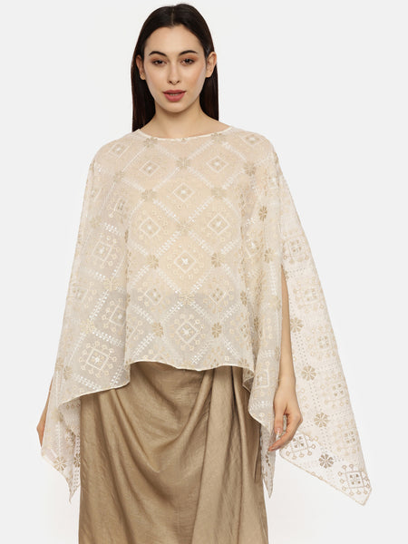 Beige Ivory Silk Embroidered Top  -  ASST006