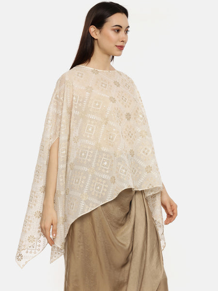 Beige Ivory Silk Embroidered Top  -  ASST006