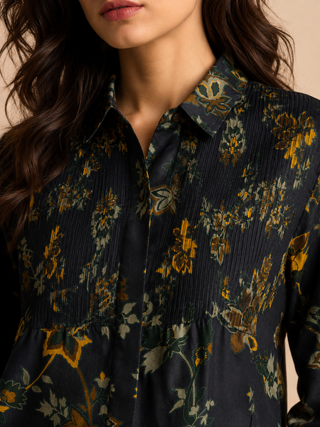 Navy Blue Printed Japanese Silk Top (Deep Indigo & Candied Ginger) - ASST0117