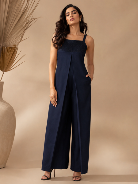 Midnight Blue Malai Cotton Jumpsuit (Midnight Blueberry Ganache) - ASJS026